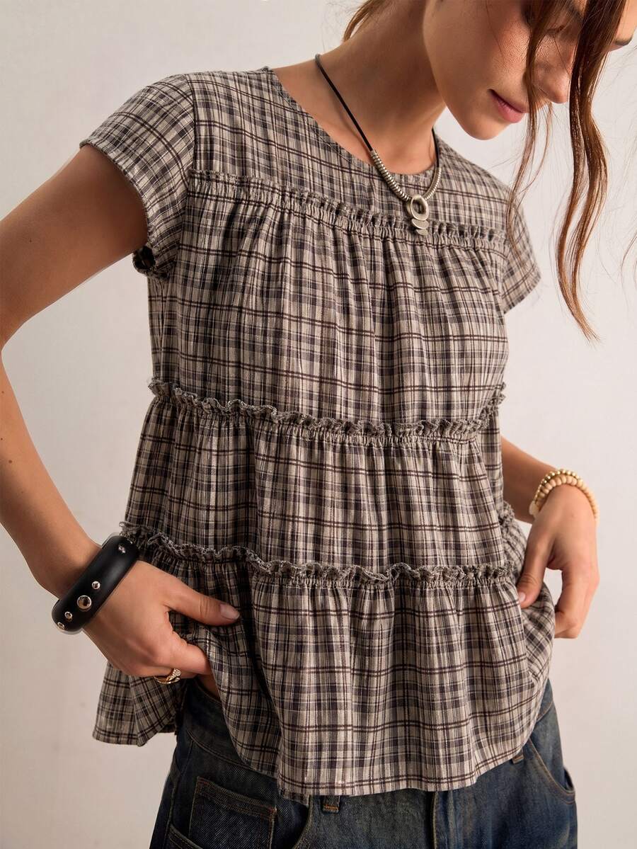 Freevana 女款格紋百褶休閒百搭日常穿著襯衫 - 棕色 - 查看 1