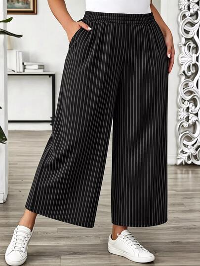 EMERY ROSE Plus Size Casual Striped Pocket Loose Colorblock Cropped Pants