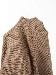 SHEIN Ribbed Knit Petal Sleeve Patch Pocket Long Cardigan Coat - Brown - View 3