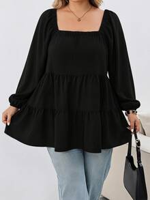 SHEIN CURVE+ Plus Size Square Neck Loose Ruffle Long Sleeve Blouse, Autumn Shirt Top, Suitable For Apple-Shaped And Curvy Body Types 5XL-8XL Fall - Black - View 5