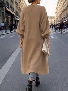SHEIN Ribbed Knit Petal Sleeve Patch Pocket Long Cardigan Coat - Brown - View 2