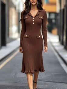 SHEIN Autumn/Winter Fashion Vintage V-Neck Faux Pocket Knit Sweater Dress - Coffee Brown - View 2