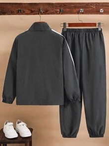 SHEIN 2件組兒童青少年男孩休閒運動拼接色塊織帶連帽外套與長褲套裝，適合通勤、上學、日常穿著、度假、旅行、運動，秋冬款 - 灰色 - 查看 3