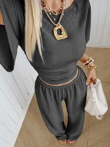 SHEIN EZwear Dunkelgraues Strick Damen Fledermaus-Kurzarm-Top und lange Hose Loungewear Set - Grau - Übersicht 7
