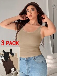 Solflare Spring/Summer Clothing Multi-Color White+Black+Blue 3-Color Fitted Plus Size Long Tank Top - Multicolor - View 2