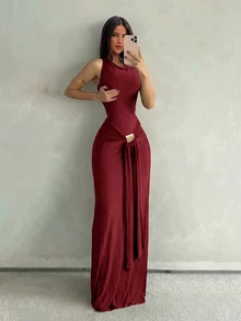 Aloruh 女款春夏度假新款棕色無袖貼身魚尾洋裝，適合街頭穿搭、日常穿著與通勤 - 紅色 - 查看 3