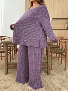 SHEIN CURVE+ 2pcs Plus Size Solid Color Ribbed Crew Neck Long Sleeve Top And Pants Set Fall - Purple - View 5