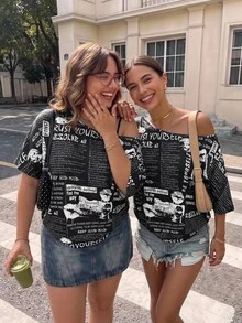 SHEIN CURVE+ 休閒簡約純色大尺碼女款T恤，適合春夏穿著 - 黑與白 - 查看 3