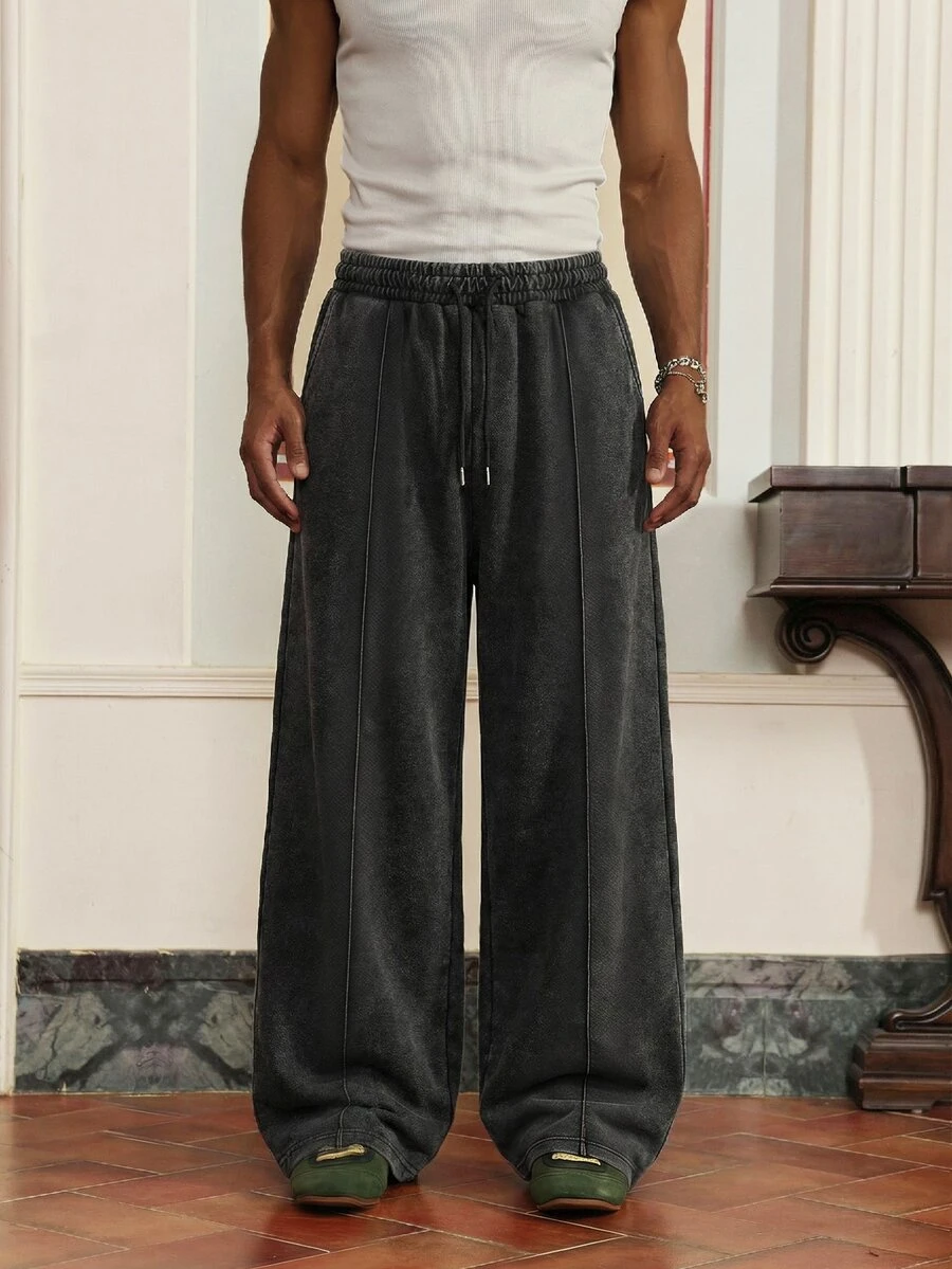 SWAVVY Men's Summer Casual Loose Fit Long Sweatpants, Standard Size, Plain Black With Snow Wash Effect, Elastic Waist With Drawstring - Black - View 1