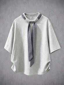 Manfinity Denimwave Kaos Fashion Pria Motif Kotak-kotak Gaya Korea dengan Tali Serut - Grey - View 6