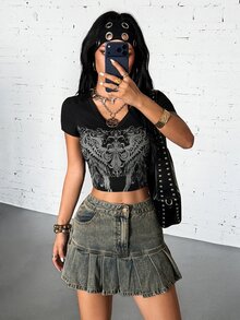 StreetHx Rok Mini Denim Wanita Seksi dengan Kancing dan Saku serta Hem Berumbai - Biru - View 5