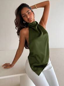 Aloruh Women's Solid Color Casual Versatile Daily Wear Halter Neck Top - Army Green - View 5