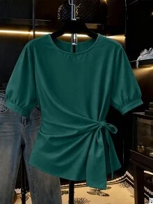 Franclia 女款純色時尚優雅上衣 2026 夏季新款打結上衣 休閒日常通勤 派對 辦公室 早午餐 旅行居家穿著 深綠色 - 墨綠色 - 查看 3