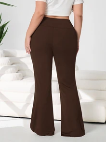 Solflare Plus Size Women Casual Versatile Solid Color High Waist Flare Pants - Brown - View 2
