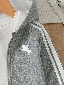小男孩 2 件套 簡約休閒對比色條紋馬匹印花連帽拉鍊抓絨內裡運動外套與條紋馬匹印花運動長褲 柔軟套裝 適合秋冬外出 - 彩色 - 查看 5