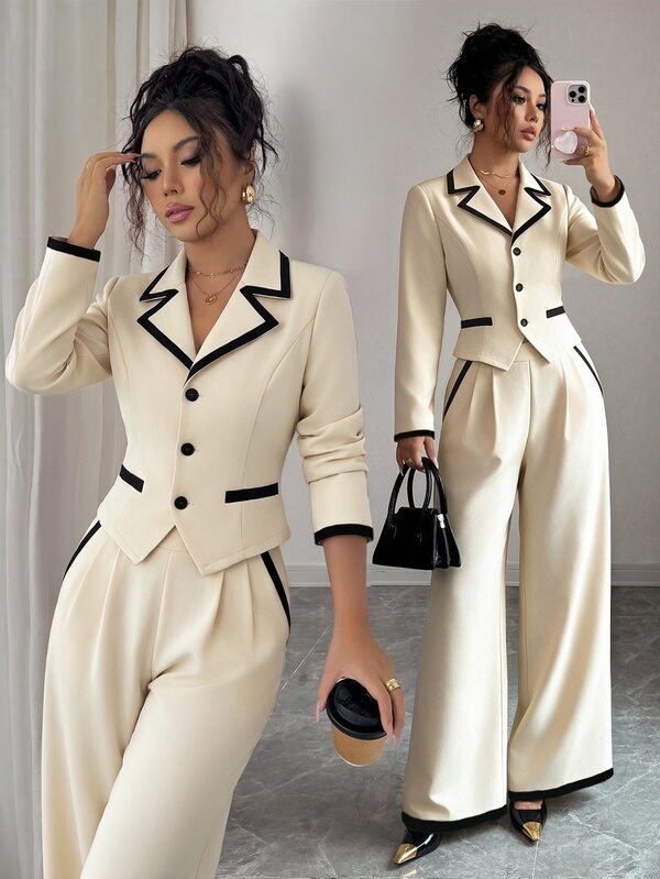 Elenzga Women's Apricot & Black Contrast Blazer Collar Long Sleeve Top + Wide Leg Pants 2-Piece Set, Elegant High-End Design, Birthday Gift, Date, Party, Carnival, Music Festival, Cocktail Party, High-Aura Outfit, Travel, Vacation, Street Photography, Atmospheric Style, Spring Summer Autumn, New Fashion Versatile Niche Design