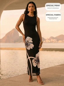 CAJUNI Elegant Tulle Dress With Floral Print And Embroidery For Parties - Black - View 9