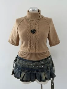 Sunspun Sweater Rajut Wanita Ukuran Besar Lengan Pendek Kerah Tinggi - Unta - View 6