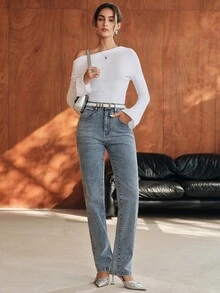 Anewsta Women's New Fashion Heavy Embellished Rhinestone Blue Jeans Straight Leg Long Pants - Blue - View 6