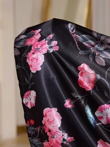 LuxeNights Faux Silk Floral Print Lapel Long Sleeve Long Pants Pajama Set - Black - View 4