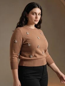 Anewsta Women's Elegant Round Neck Lightweight Luxury Rhinestone Decor 3/4 Sleeve Plain Knit Plus Size Top - Camel - View 3