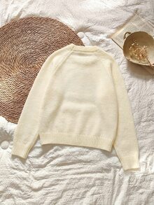 SHEIN Vintaside Kids Toddler Playful Carousel Bow Snowflake Jacquard Round Neck Raglan Sleeve Pullover Knit Sweater - White - View 2