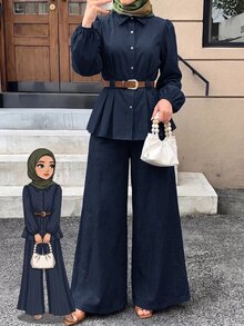 Solavon Women's Button-Up Pleated Long Sleeve Shirt And Loose Long Pants 2 Pieces Set - Navy Blue - View 4