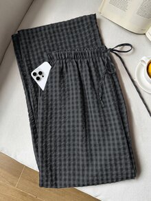 SHEIN EZwear 大尺碼女款春夏格紋抽繩腰口袋長褲 - 黑色 - 查看 6