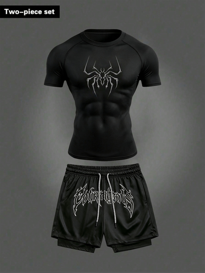 RISE LYT Men's Spider Print Raglan Short Sleeve T-Shirt And Shorts Sports Set