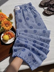 Solflare 大尺碼女款休閒束腰度假風藍白條紋花卉彈性腰長褲，適合夏季海灘生日 - 藏蓝色 - 查看 1