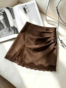 Trelyra Women High Waist Ruched Suede Mini Skirt With Lace Trim Fall Winter Brown Elegant Skirt For Party Going Out Wear Renaissance Outfit Country Style - Brown - View 4