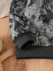 男嬰 2 件套時尚休閒酷感乾葉印花小立領拉鍊抓絨內裡運動衫上衣與乾葉印花運動長褲，柔軟套裝，適合秋冬外出穿著 - 彩色 - 查看 5