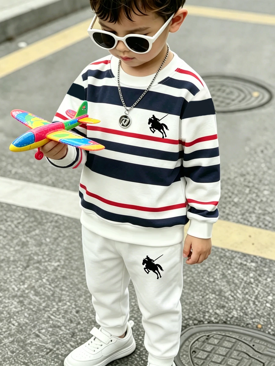 1 Set Toddler Simple Retro Casual Striped Sweatshirt Outfit, Classic Contrast Striped Knight Pony Print Craft, Crew Neck Long Sleeve Lightweight Sweatshirt And Sweatpants 2-Piece Set, Suitable For Daily School, Outdoor Outings, Shopping, Gatherings, Home Wear And More Occasions, Stylish Versatile Sports Outfit For Baby Boys, Spring/Autumn - Multicolor - View 1