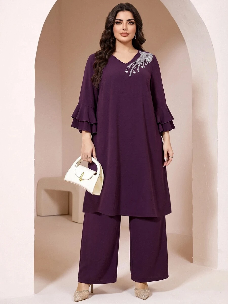 Al Najma Plus Size Women's Rhinestone Vintage Top And Pants Arabic Set - Purple - View 1