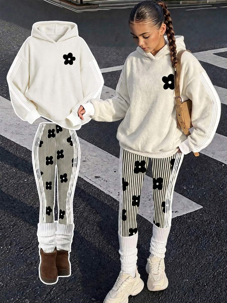 SHEIN 青少年女孩連帽落肩運動衫與修身緊身褲2件套 - 彩色 - 查看 1