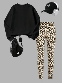 Tween Girl Cartoon Print Long Sleeve Sweatshirt And Leopard Print Leggings Set - Multicolor - View 3