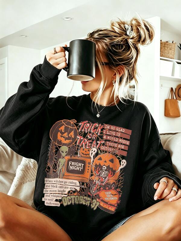 Breezaya Sudadera de cuello redondo retro y espeluznante de Halloween, estampado de calabaza, esqueleto y alienígena, Trick or Treat, talla grande, top de otoño para mujer