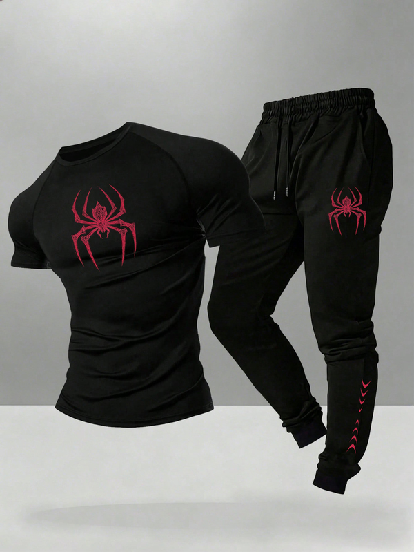 Coreblaze Men's Spider Pattern Printed Top And Drawstring Waist Long Pants Sports Set