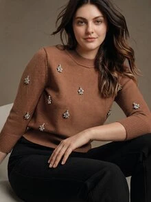 Anewsta Women's Elegant Round Neck Lightweight Luxury Rhinestone Decor 3/4 Sleeve Plain Knit Plus Size Top - Camel - View 1