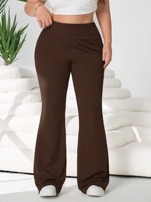 Solflare Plus Size Women Casual Versatile Solid Color High Waist Flare Pants - Brown - View 4