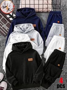 SHEIN 4件組買2送2兒童青少年男孩休閒學院風簡約實用百搭運動長褲套裝，男孩套裝，適合春季/夏季、情人節、約會、秋季 - 彩色 - 查看 1