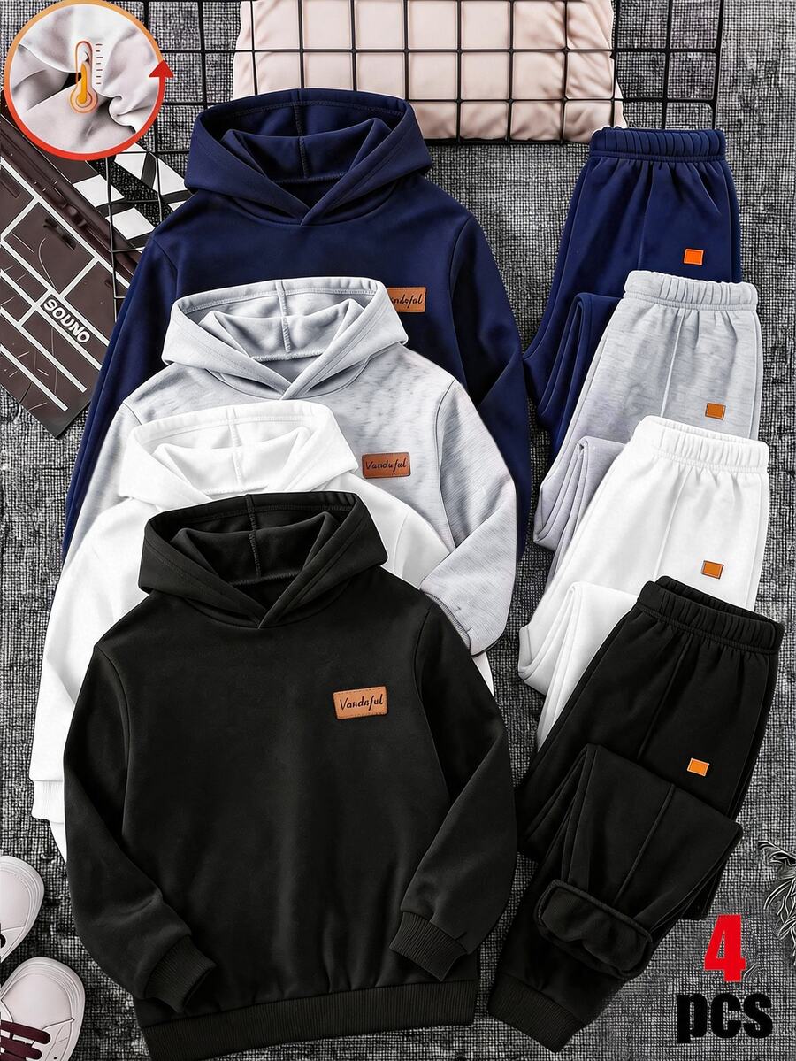 SHEIN 4件組買2送2兒童青少年男孩休閒學院風簡約實用百搭運動長褲套裝,男孩套裝,適合春季/夏季、情人節、約會、秋季 - 彩色 - 查看 1