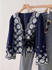 Muvela 女款花卉刺繡圖案休閒日常穿著襯衫 - 藏蓝色 - 查看 5