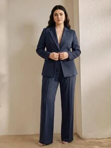 Anewsta 素色單扣長袖西裝外套套裝，商務休閒復古風女式套裝，休閒女裝套裝，老派優雅端莊得體，適合婚禮賓客穿著 - 藏蓝色 - 查看 4