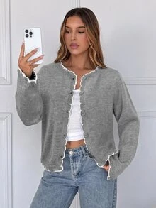 SHEIN EZwear 女款拼色休閒百搭日常穿搭開襟衫 - 淺灰色 - 查看 3