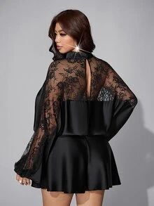 Viva Relle Plus Size Women's Lace Patchwork Ruffle Romper Fall - Black - View 2