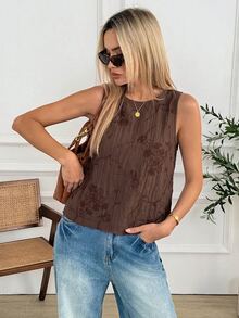 Easowa Spring/Summer Brown Floral Embroidered Sleeveless Round Neck Women's Blouse, Back Button, Casual 70s Boho Vacation, Music Festival, Brunch - Mocha Brown - View 3