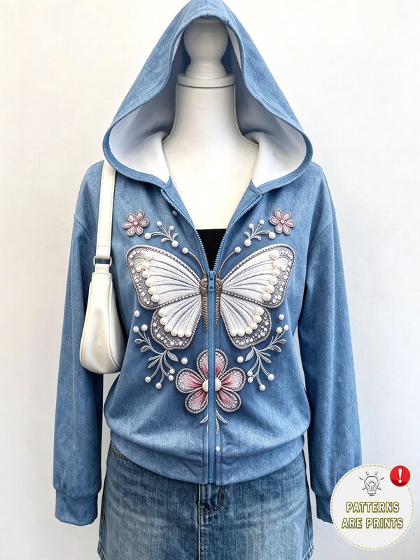 Girls Polyester Hooded Long Sleeve Botanical Zip Pocket Regular Loose Fit Fleece Lined Jacket Winter Multicolor