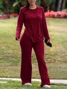 INAWLY Solva Setelan 2 Potong Wanita Minimalis Warna Polos, Kaos Lengan Panjang dan Celana Panjang untuk Pemakaian Sehari-hari - Burgundy - View 2