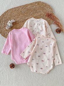 SHEIN 3件組新生兒淺粉色長袖連身衣，0-12個月女嬰柔軟親膚修身內搭連身衣 - 彩色 - 查看 2